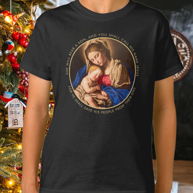 Madonna & Child Traditional Religious Christmas T-Shirt (Madonna & Child religious Christmas gift with Bible verse for all Christian boys on your list.)