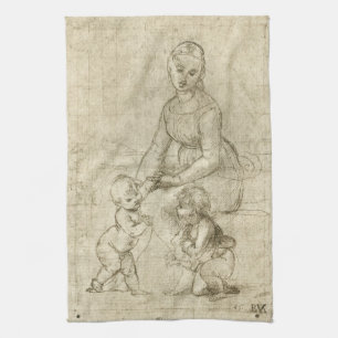 Madonna, Christ and Saint John Baptist by Rapahel Tea Towel