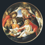 Madonna of the Magnificat Classic Round Sticker<br><div class="desc">Madonna of the Pomegranate is a painting by the Italian Renaissance master Sandro Botticelli, 1487 FLorence Italy .tempera on panel.This work portrays the Virgin Mary crowned by two angels. The Child Jesus is keeping in a hand the pomegranate,  symbol of the Resurrection.</div>