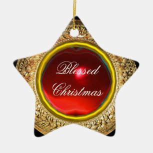 Madonna of the Pomegranate / Ruby Gemstone Star Ceramic Tree Decoration
