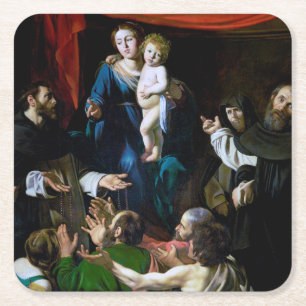 Madonna of the Rosary, Caravaggio Square Paper Coaster