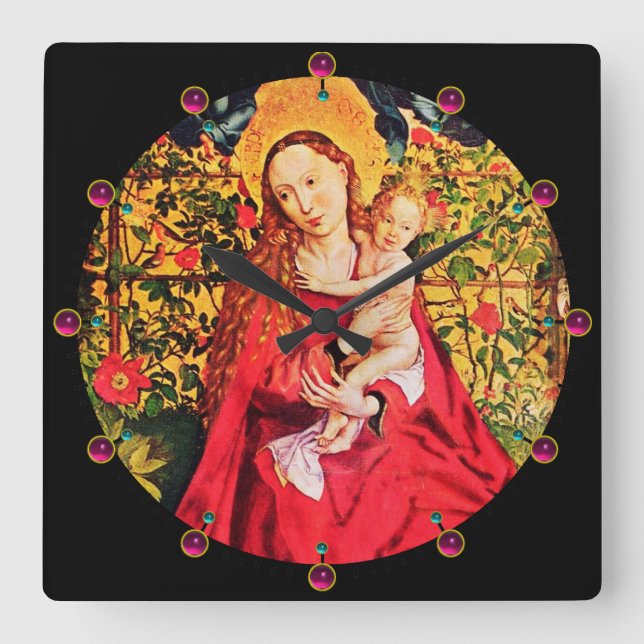 MADONNA OF THE ROSE BOWER, PINK AMETHYST GEMSTONES SQUARE WALL CLOCK (Front)
