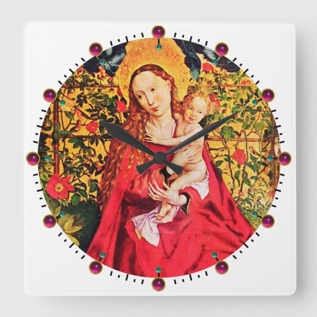 MADONNA OF THE ROSE BOWER,PINK FUCHSIA GEMS, White Square Wall Clock (Front)