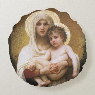 Madonna of the Roses by Bouguereau Round Cushion