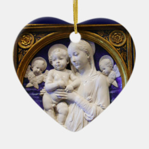 MADONNA WITH CHILD AND ANGELS Blue Sapphire Heart Ceramic Tree Decoration