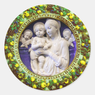 MADONNA WITH CHILD AND ANGELS  FLORAL CROWN CLASSIC ROUND STICKER