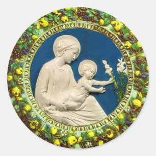 MADONNA WITH CHILD AND WHITE LILIES  FLORAL CROWN  CLASSIC ROUND STICKER
