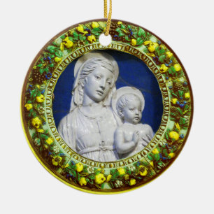 MADONNA WITH CHILD Round Blue Sapphire Ceramic Orn Tree Decoration