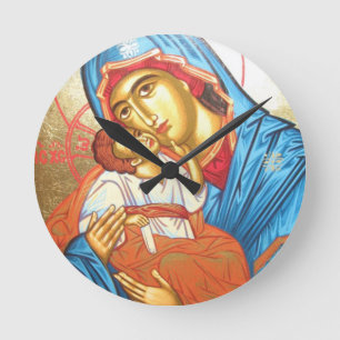 Madonna with Jesus Byzantine Religious Icon gold Round Clock