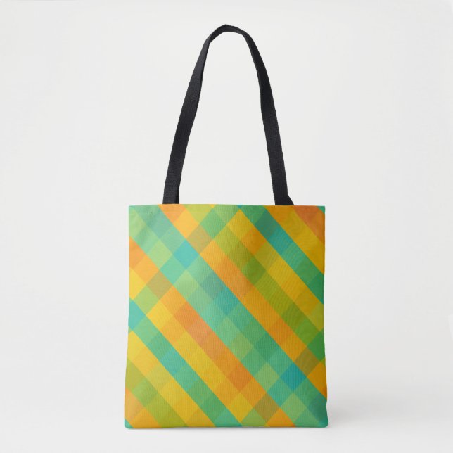 Madras Check Revival – Vibrant Diagonal Plaid Tote Bag (Front)