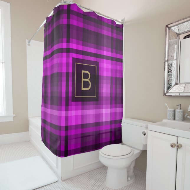 Madras Hot Pink Pattern Personalised Initial Shower Curtain (In Situ)