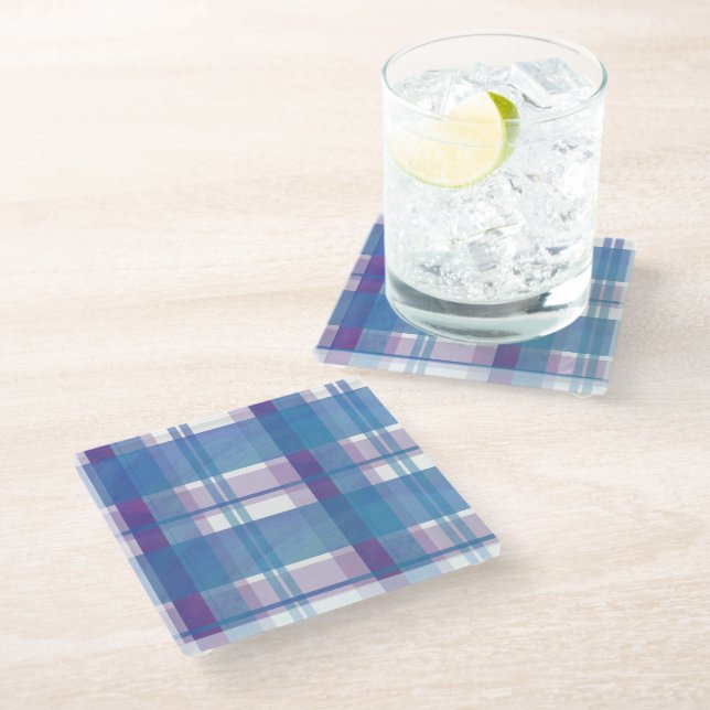 Madras Plaid Blue and Purple Glass Coaster (Angled)