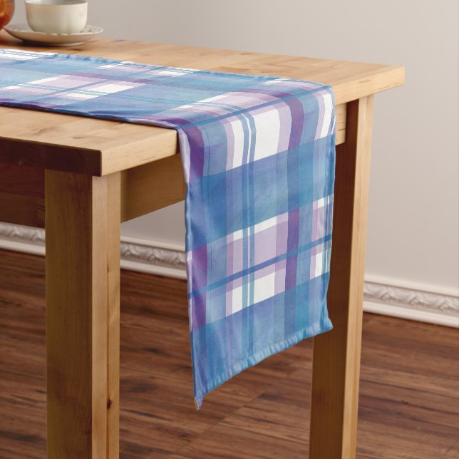 Madras Plaid Blue and Purple Short Table Runner (In Situ)