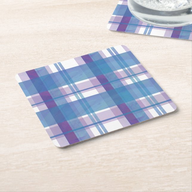 Madras Plaid Blue and Purple Square Paper Coaster (Angled)