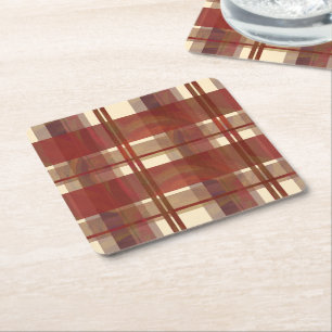Madras Plaid Fall Red Square Paper Coaster