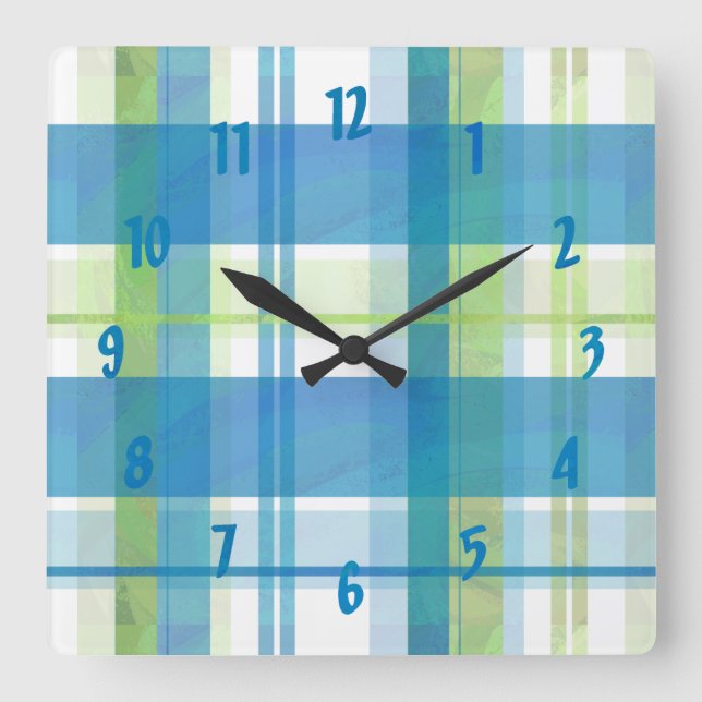 Madras Plaid Green and Blue Square Wall Clock (Front)
