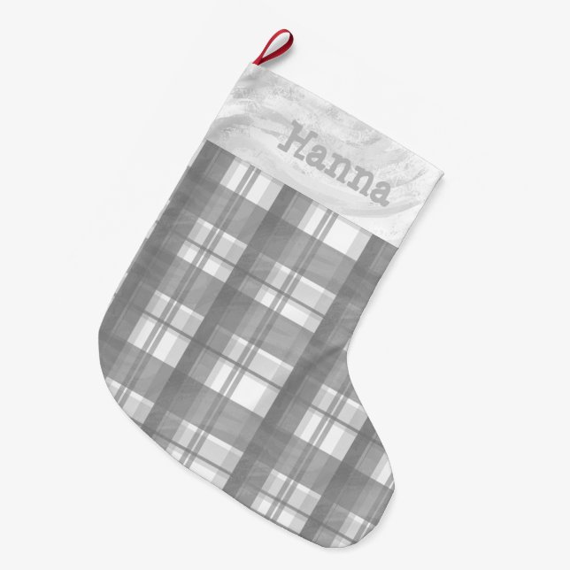 Madras Plaid Grey Large Christmas Stocking (Front (Hanging))