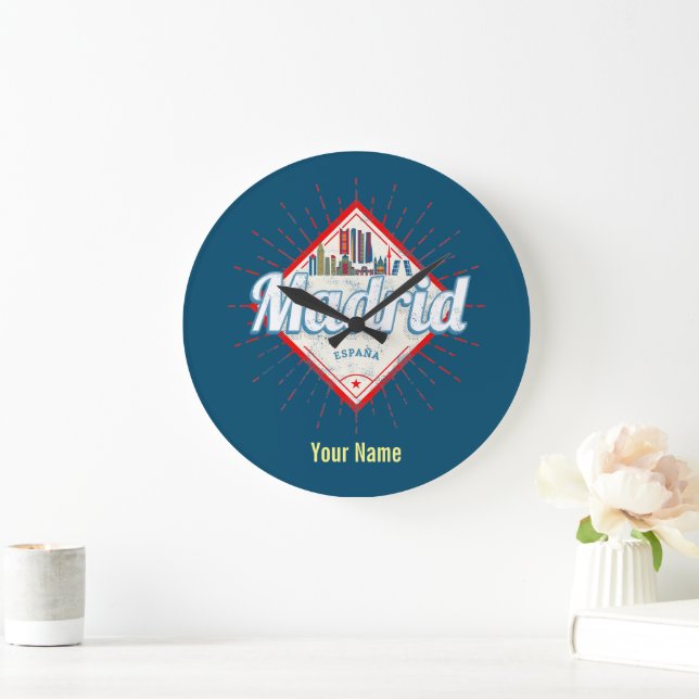 Madrid Capital Spain Retro Skyline Vintage Large Clock (Home)