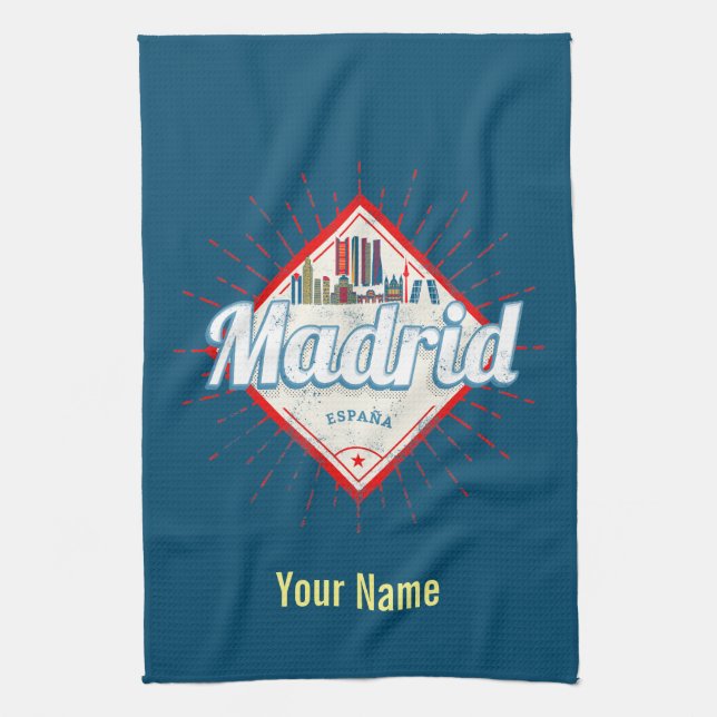 Madrid Capital Spain Retro Skyline Vintage Tea Towel (Vertical)