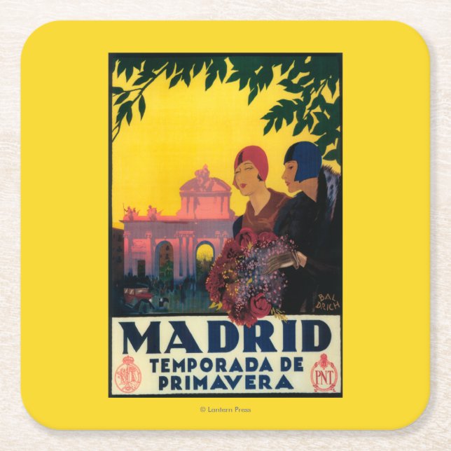 Madrid in Springtime Travel Promotional Poster Square Paper Coaster (Front)