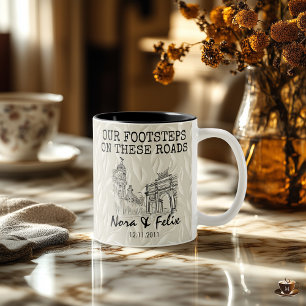Madrid skyline couple — beige leaf background Two-Tone coffee mug