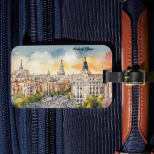 Madrid Spain City Silhouette Watercolor Painting Luggage Tag
