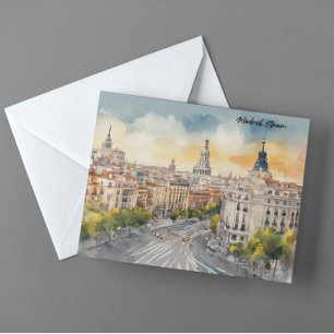 Madrid Spain City Silhouette Watercolor Painting Postcard