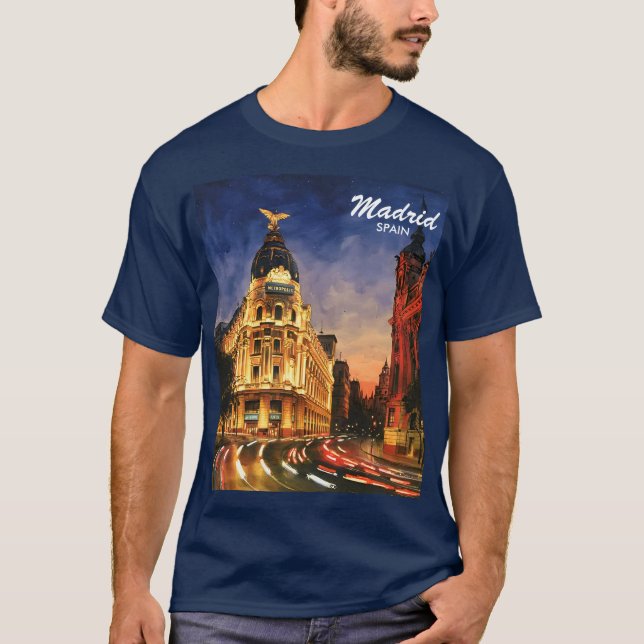 Madrid Spain Gran Via Night Watercolor Cityscape T-Shirt (Front)