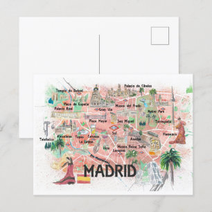 Madrid Spain Illustrated Travel Map with Roads  Postcard