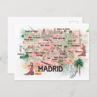 Madrid Spain Illustrated Travel Map with Roads  Postcard