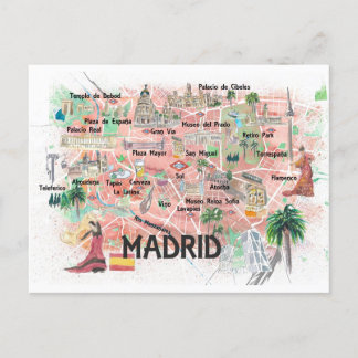 Madrid Spain Illustrated Travel Map with Roads Postcard