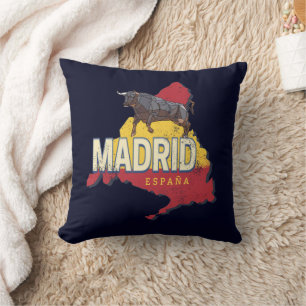 Madrid Spain Retro Region Map Vintage Bull Cushion