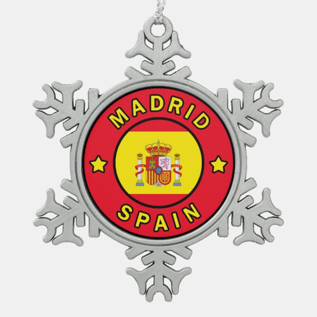 Madrid Spain Snowflake Pewter Christmas Ornament (Front)