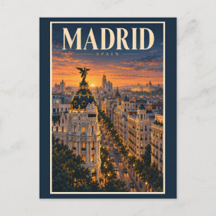 Madrid Spain Sunset Illustration Travel Art Retro Postcard