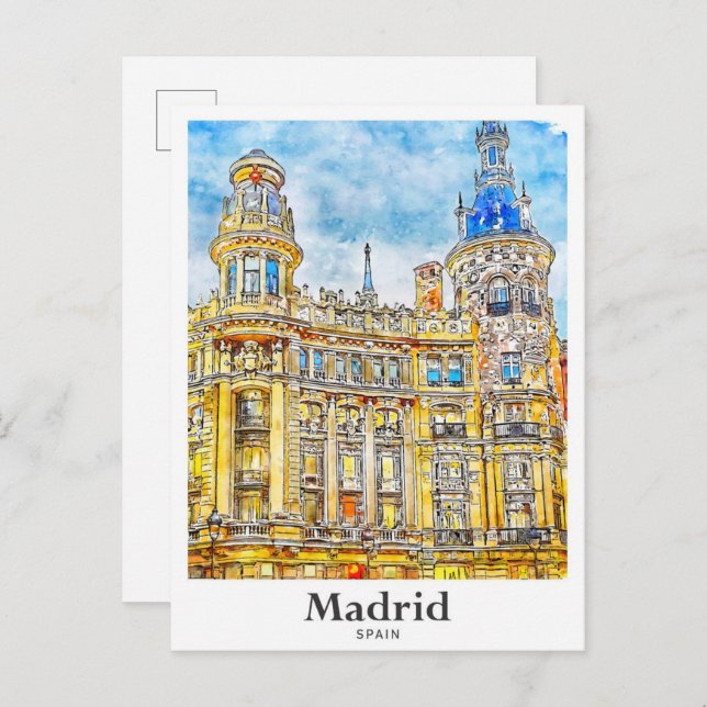 Madrid Spain Travel Watercolor Hand Drawn Postcard (Front/Back)