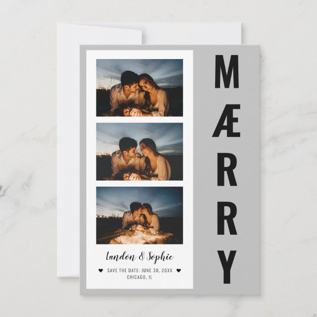 "MÆRRY" Christmas Save the Date Photo | Grey/Black Holiday Card (Front)