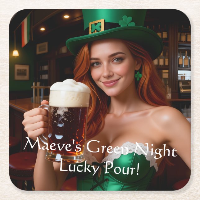 Maeve Emerald Tavern Glow St Patrick’s Day Square Paper Coaster (Front)