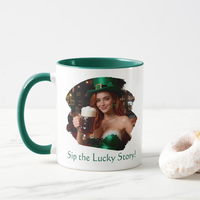 Maeve in Emerald Corset Irish Pub St Patrick's Day Mug (With Donut)