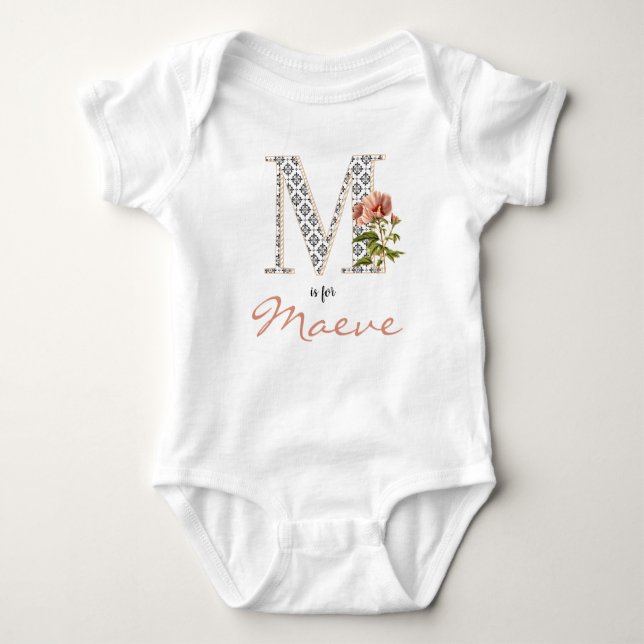 Maeve Name Reveal Floral Letter M Girl Whimsical Baby Bodysuit (Front)