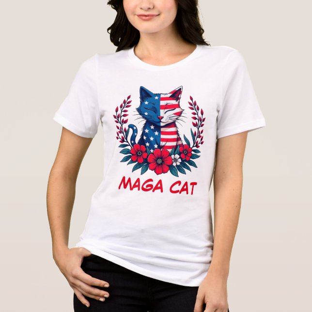 MAGA Cat Trump American Flag Red Flowers Patriot  Tri-Blend Shirt (Front)