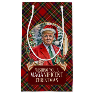 MAGA Christmas Tartan Plaid Santa Trump Small Gift Bag