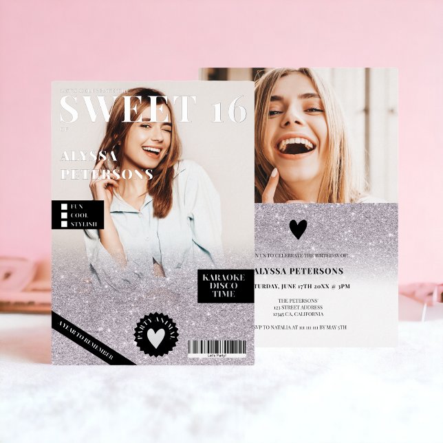 Magazine 2 photo lilac silver glitter Sweet 16 (Magazine 2 photo lilac silver glitter Sweet 16 Foil Invitation)