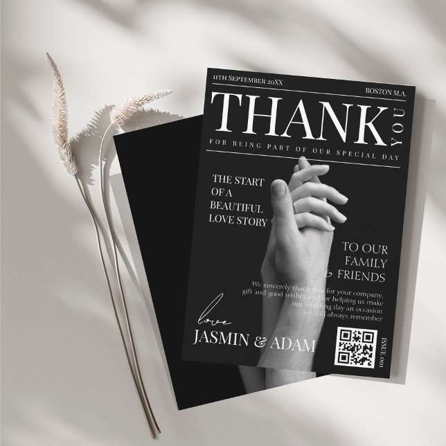 Magazine Black Dark Mode Newspaper Photo Wedding Thank You Card (Magazine Black Dark Mode Newspaper Photo Wedding Thank You Card)