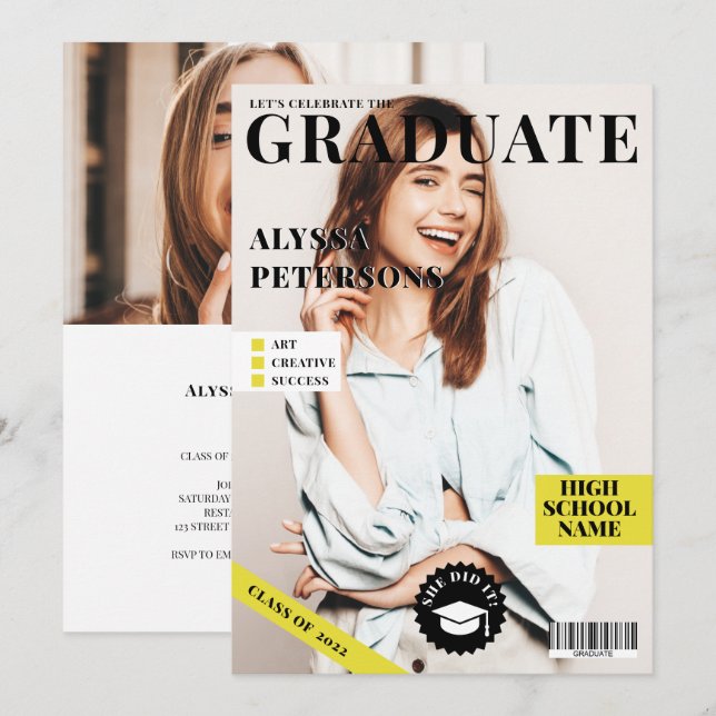 Magazine cover 2 photos black trendy graduation announcement (Front/Back)