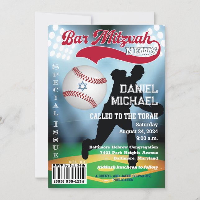 Magazine Cover Baseball Bar Mitzvah Invitation (Front)