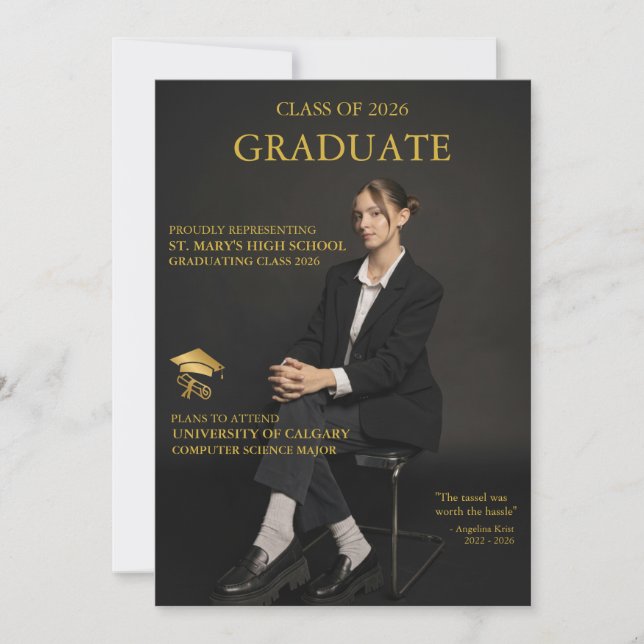 Magazine Cover Black Gold Graduation Invitation (Front)