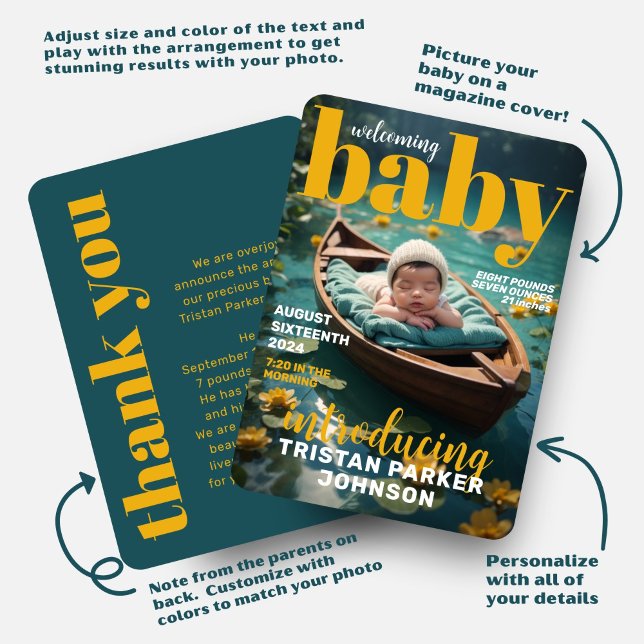 Magazine Cover Bold Modern Birth Announcement (Creator Uploaded)