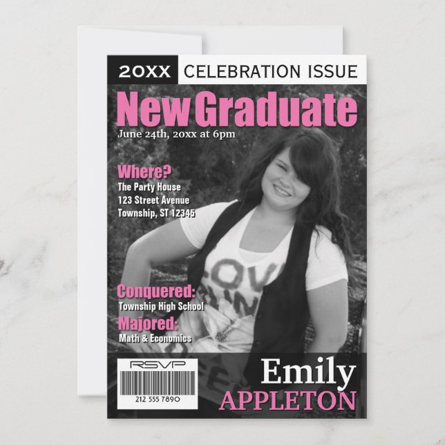 Magazine Cover Fuchsia Graduation Invitations (Front)