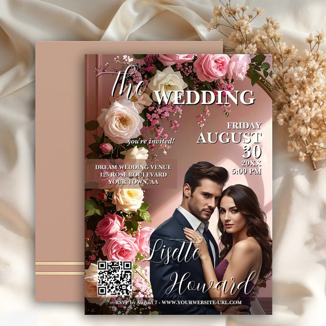 Magazine Cover Glam Wedding Invitation (Elegant wedding invitation in retro magazine cover style.= with pink floral rose arch)