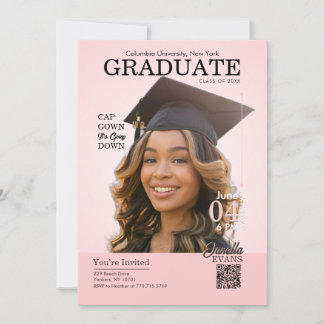 Magazine Cover Graduation Cap Gown Pink Invitation